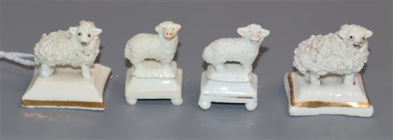 Four Staffordshire porcelain toy figures of sheep, c.1830-50, possibly Dudson, H. approx 3.8cm